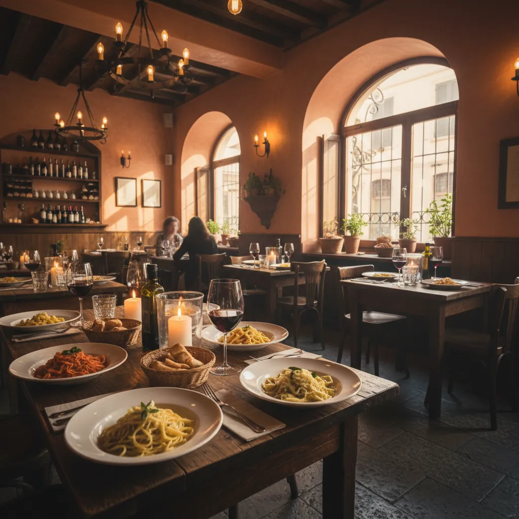 Sfeervolle interieur van Viviamo restaurant met warme belichting en gedekte tafels